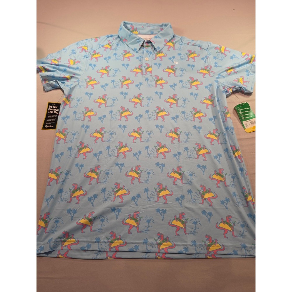 Tipsy Elves Tacosaurus Golf Polo Mens Large Blue Dinosaur Taco Performance Shirt